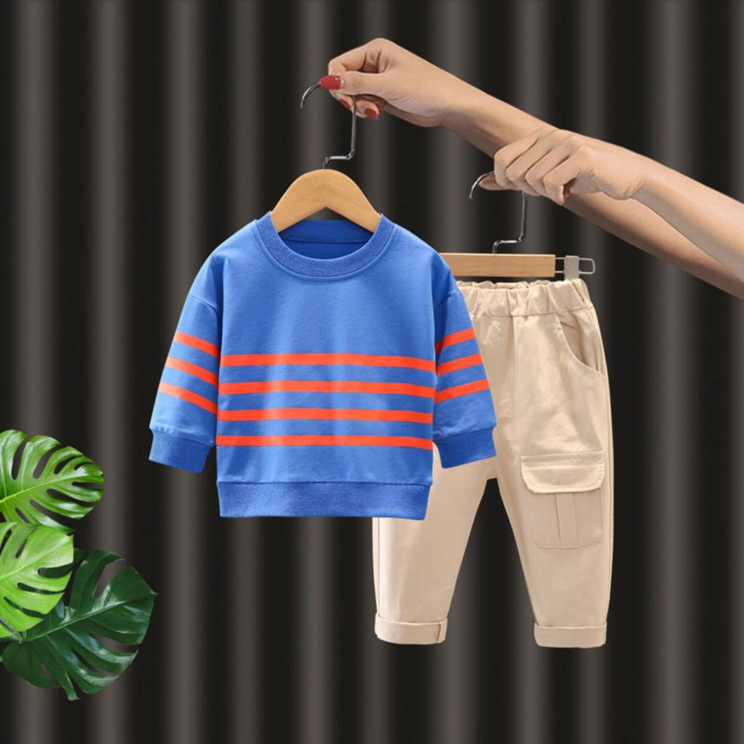 Two piece striped sweatshirt and trousers.