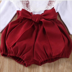 Red Dungaree Shorts With Lace Collar