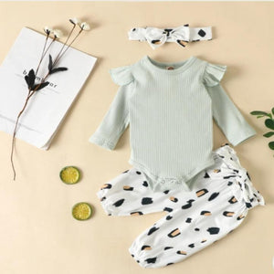 Light Green ruffle bodysuit with Leopard Print Trousers