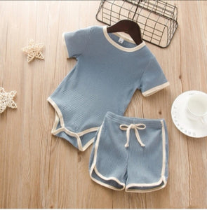 Blue Ribbed Shorts Set